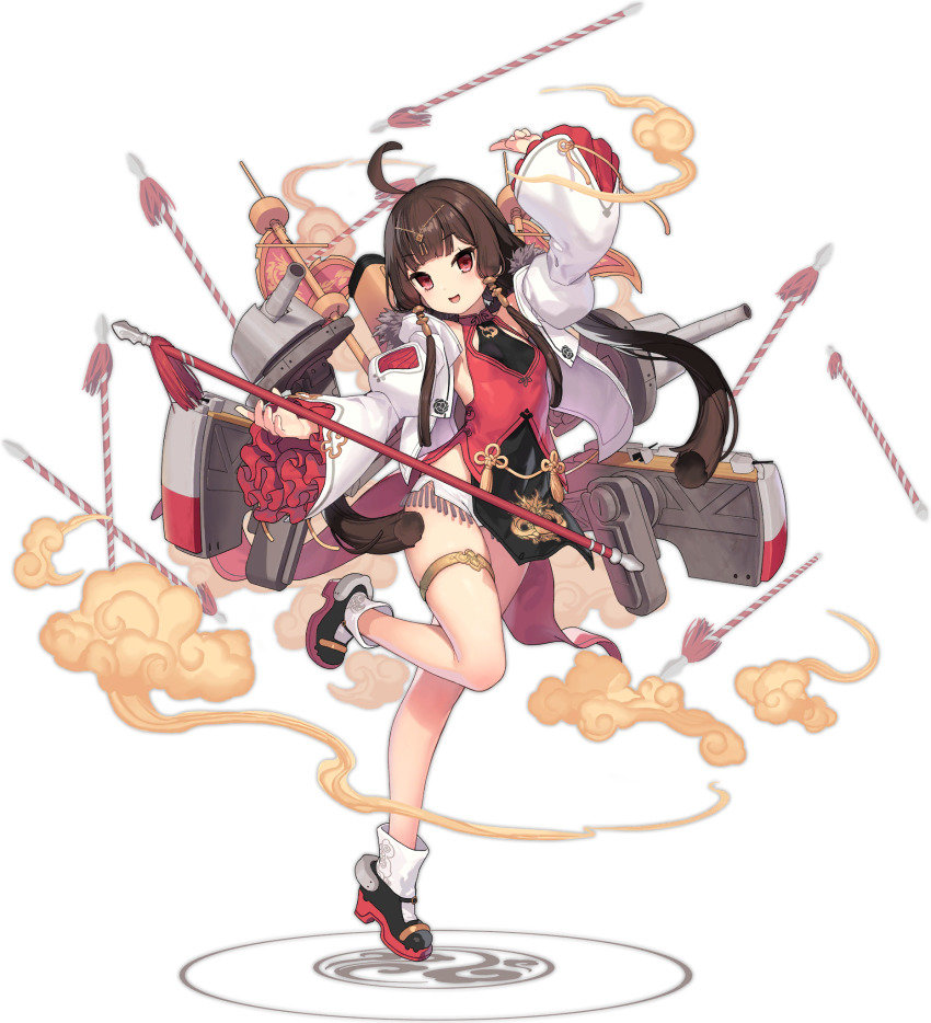 1girl, ahoge, azur_lane, breasts, brown_hair, full_body, hai_chi_(azur_lane), hair_ornament, highres, holding, holding_weapon, kinjo_kuromomo, leg_up, looking_at_viewer, official_art, open_mouth, red_eyes, rigging, ship_turret, small_breasts, thigh_strap, transparent_background, weapon, wide_sleeves