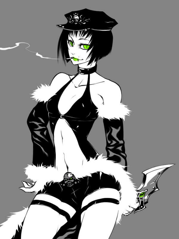 1girl, cape, choker, cigarette, closed_mouth, clothing_cutout, commentary_request, contrapposto