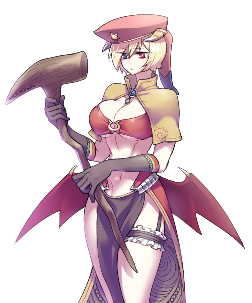 1girl, bikini, bikini_top_only, blonde_hair, blue_eyes, breasts, brown_bikini, brown_capelet, brown_gloves, capelet, cleavage, commentary_request, dated, demon_wings, elbow_gloves, feet_out_of_frame, gloves, heterochromia, hexagram, highres, holding, holding_sword, holding_weapon, horns, large_breasts, looking_at_viewer, low_wings, mage_(ragnarok_online), navel, open_mouth, pelvic_curtain, ragnarok_online, red_eyes, red_headwear, red_skirt, red_wings, rouko605, short_hair, showgirl_skirt, simple_background, skirt, solo, swimsuit, sword, thigh_strap, transparent_background, weapon, wings