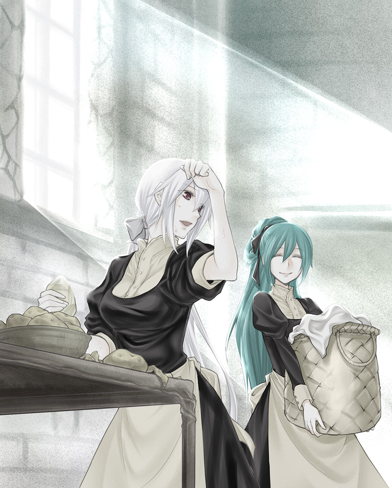 2girls, aku_no_musume_(vocaloid), apron, brown_eyes, chair, clarith_(evillious_nendaiki), closed_eyes, evillious_nendaiki, green_hair, hatsune_miku, kitano_tomotoshi, long_hair, michaela_(evillious_nendaiki), multiple_girls, pale_color, ponytail, shiro_no_musume_(vocaloid), smile, very_long_hair, vocaloid, white_hair, yowane_haku