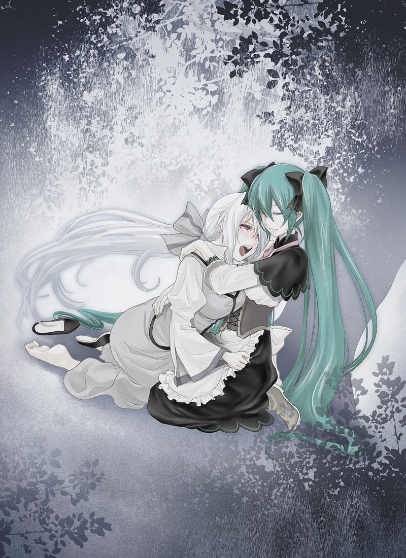 2girls, aku_no_musume_(vocaloid), apron, barefoot, brown_eyes, clarith_(evillious_nendaiki), closed_eyes, comforting, corset, evillious_nendaiki, green_hair, hatsune_miku, hug, kitano_tomotoshi, kneeling, long_hair, michaela_(evillious_nendaiki), multiple_girls, no_socks, ponytail, shiro_no_musume_(vocaloid), shoes, single_shoe, tears, twintails, very_long_hair, vocaloid, white_hair, yowane_haku