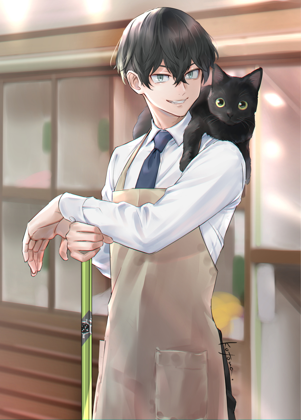 1boy, animal, animal_on_shoulder, apron, black_cat, black_hair, blue_eyes, blue_necktie