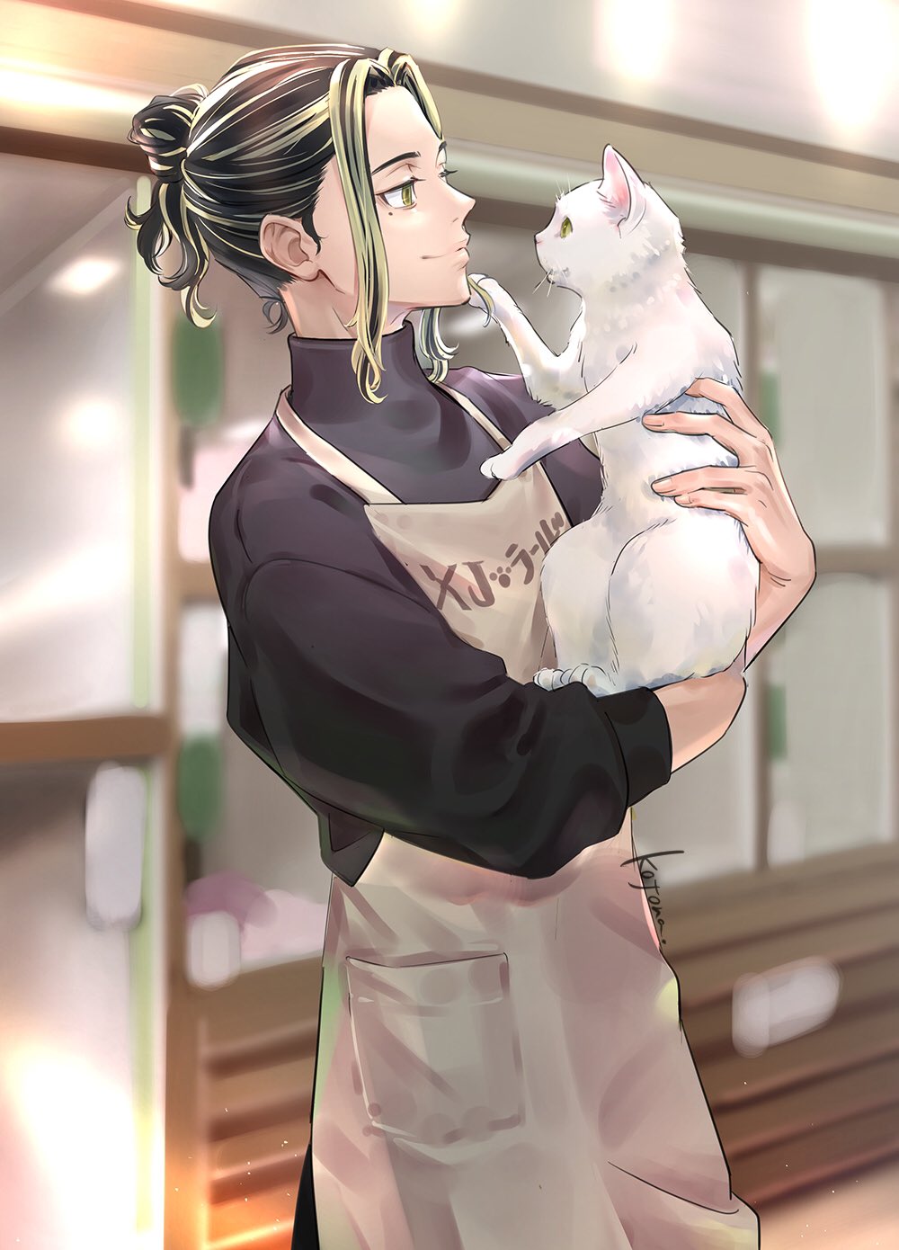1boy, animal, apron, black_hair, black_sweater, blonde_hair, brown_apron, cat