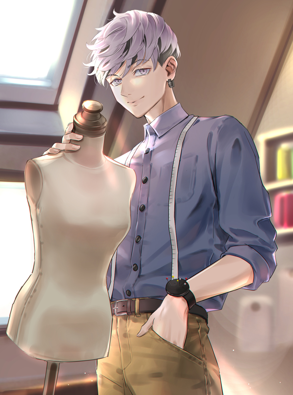 1boy, belt, black_belt, black_hair, blue_shirt, brown_pants, closed_mouth, cowboy_shot