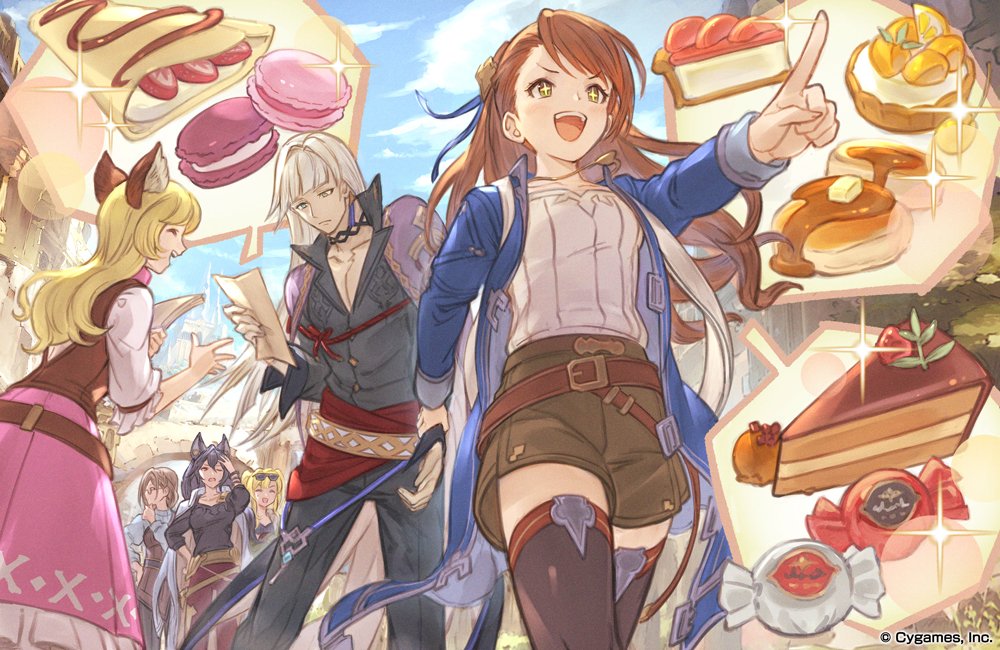 +_+, 1boy, 5girls, ^_^, artist_request, beatrix_(granblue_fantasy), belt, black_hair, blonde_hair, blouse, brown_eyes, brown_hair, brown_legwear, butter, cake, candy, cassius_(granblue_fantasy), casual, closed_eyes, crepe, dress, erune, food, fruit, glasses, granblue_fantasy, grey_eyes, gwynne_(granblue_fantasy), hair_intakes, hair_ribbon, hand_on_own_hip, holding_another's_wrist, ilsa_(granblue_fantasy), long_hair, macaron, multiple_girls, official_art, one_eye_closed, open_mouth, pancake, pie, pink_dress, pointing, popped_collar, ribbon, shirt, shorts, smile, sparkle, spoken_food, strawberry, sunglasses, syrup, thighhighs, twintails, very_long_hair, vest, white_hair, zeta_(granblue_fantasy)