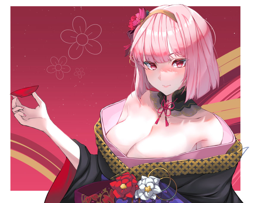 1girl, absurdres, bare_shoulders, black_kimono, blunt_bangs, blush, border, breasts