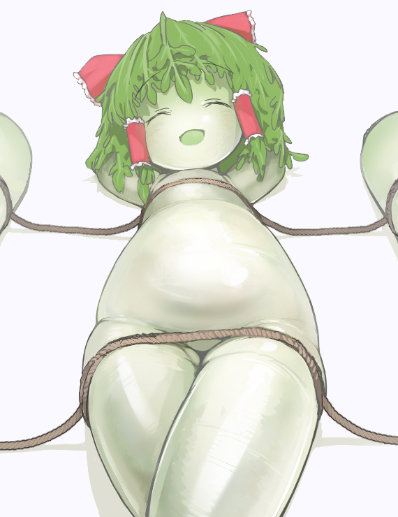 1girl, arms_behind_head, bow, closed_eyes, commentary_request, cookie_(touhou), facing_viewer, feet_out_of_frame