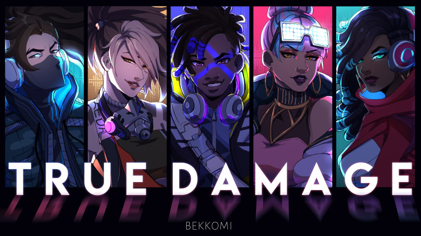 2boys, 3girls, akali, artist_name, bare_shoulders, bekkomi, black_hair, blonde_hair