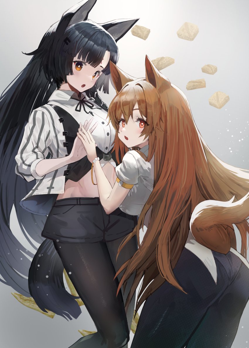 2girls, :o, absurdres, alternate_costume, animal_ear_fluff, animal_ears, arknights, ass