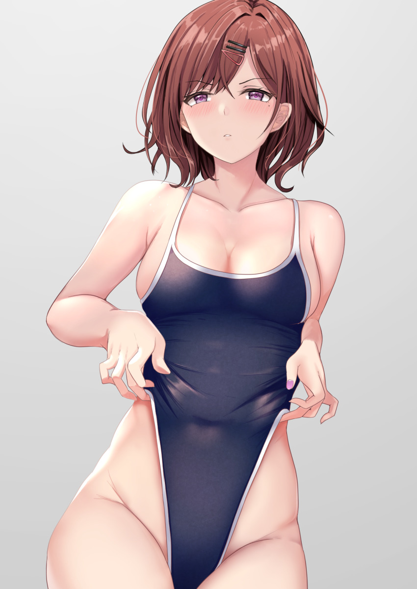 1girl, abi_(abimel10), blue_one-piece_swimsuit, blush, breasts, brown_hair, cleavage, commentary_request