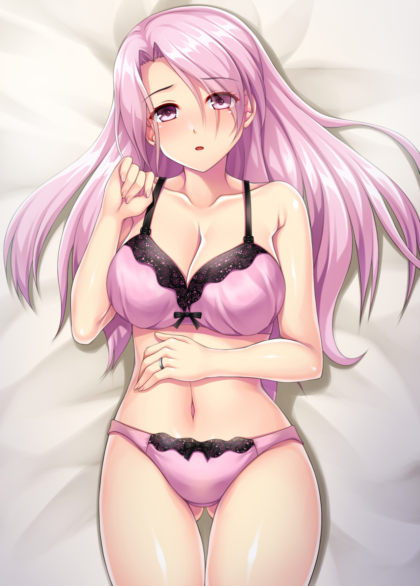 1girl, absurdres, bed_sheet, blush, bra, breasts, cleavage, collarbone
