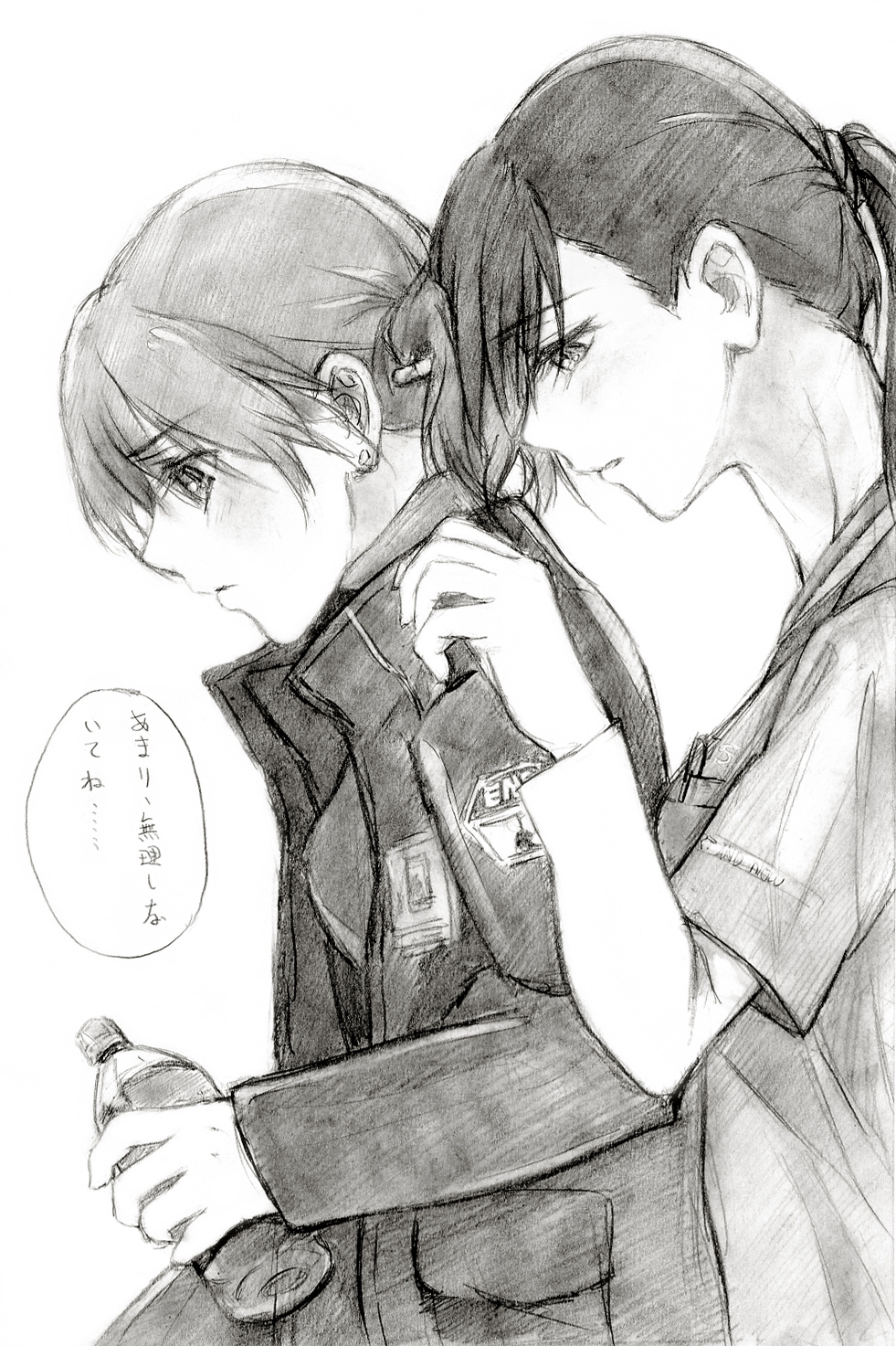 2girls, bad_id, bad_pixiv_id, bottle, code_blue, graphite_(medium), greyscale, hair_up