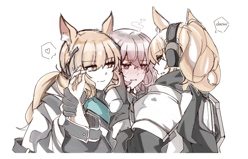 3girls, animal_ears, arknights, armor, blemishine_(arknights), blush, cheschorv, doctor_(arknights), female_doctor_(arknights), grabbing_another's_hand, heart, horse_ears, multiple_girls, nearl_(arknights), ponytail, smile, speech_bubble, spoken_heart, steam, tagme, yellow_eyes, yuri