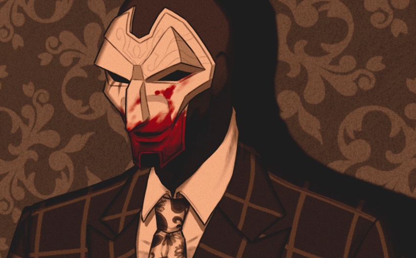 1boy, alternate_costume, blood_on_mask, brown_background, brown_jacket, brown_necktie, collared_shirt, grey_necktie, highres, jacket, jhin, konstatin_(konstatinart), league_of_legends, male_focus, mask, necktie, portrait, shirt, solo, two-tone_necktie