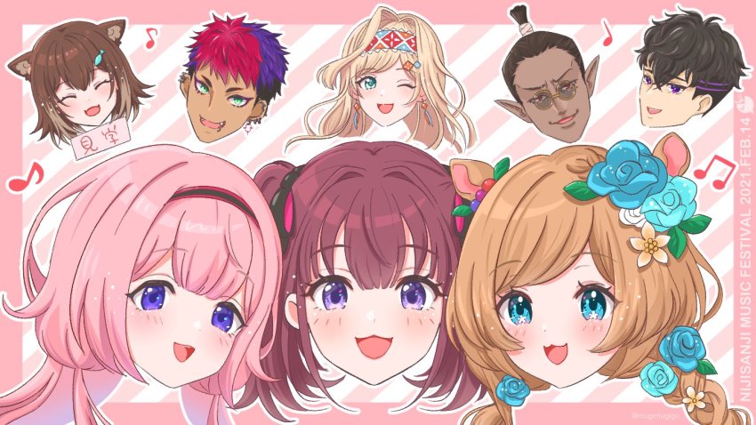 3boys, 5girls, :3, ^_^, animal_ears, black_hair, blue_eyes, blue_flower