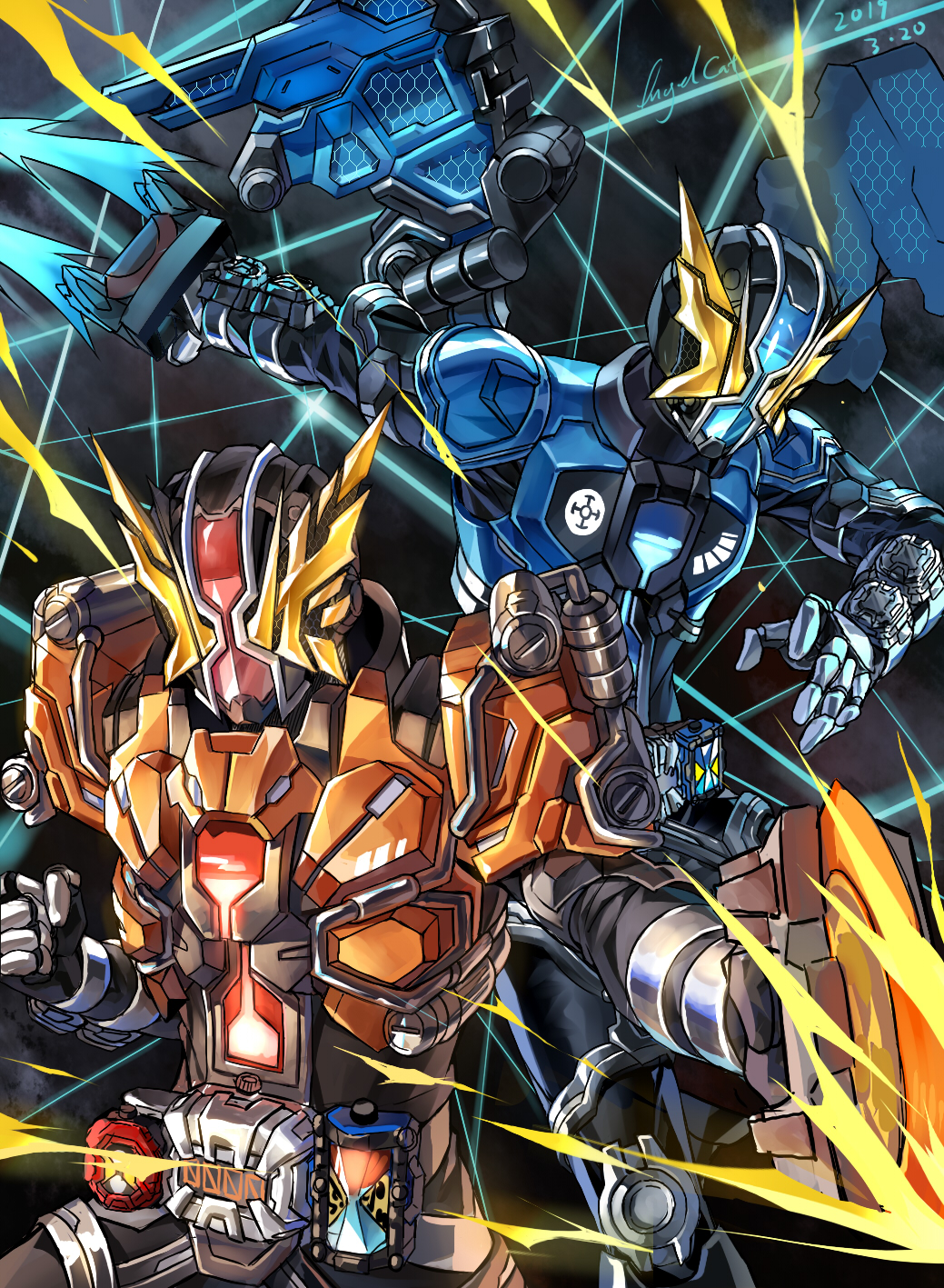 1boy, alternate_costume, armor, black_bodysuit, black_footwear, black_gloves, blue_armor, blue_wings