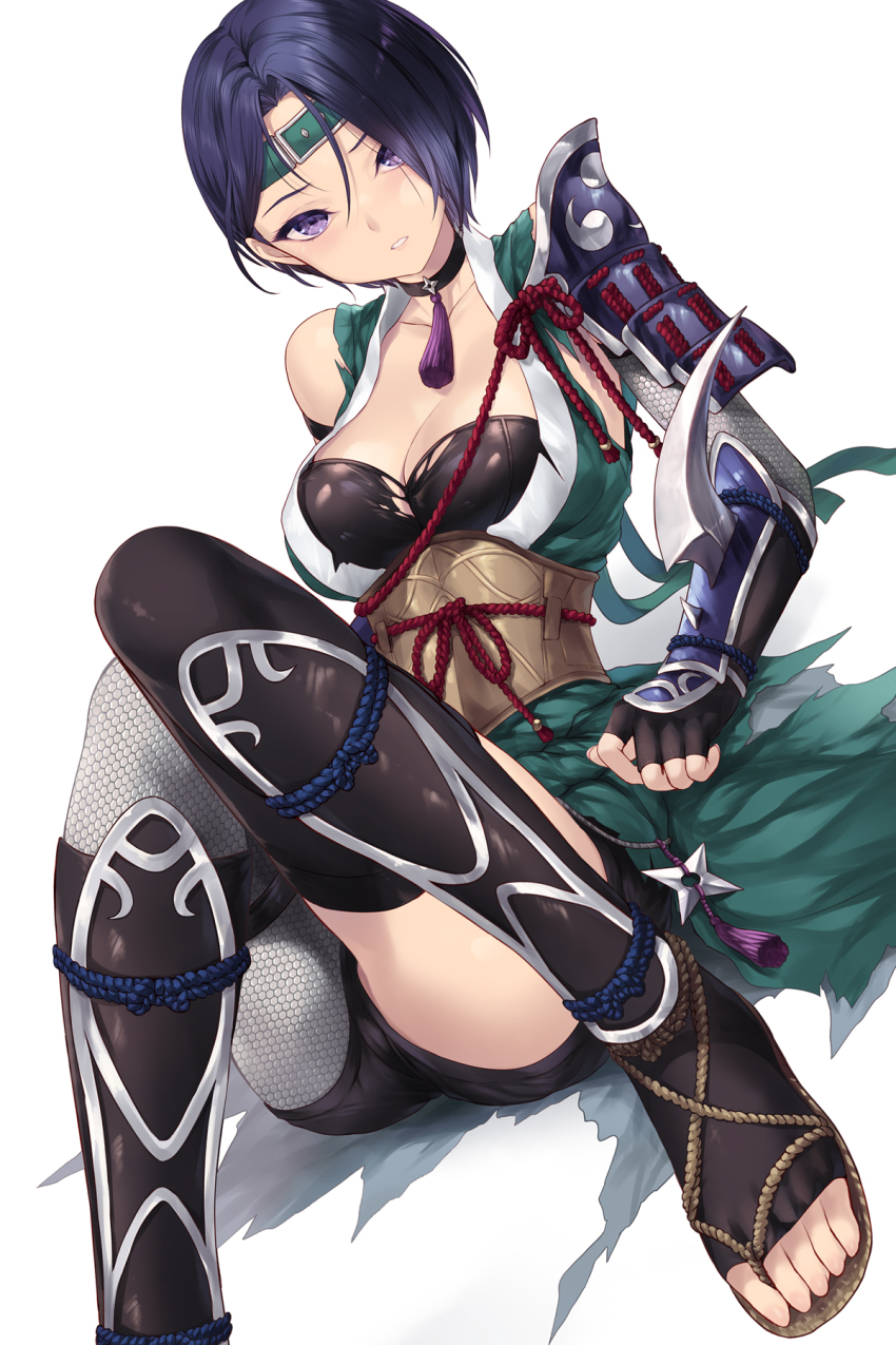 1girl, armor, black_choker, black_gloves, blue_hair, breasts, cait_aron, choker