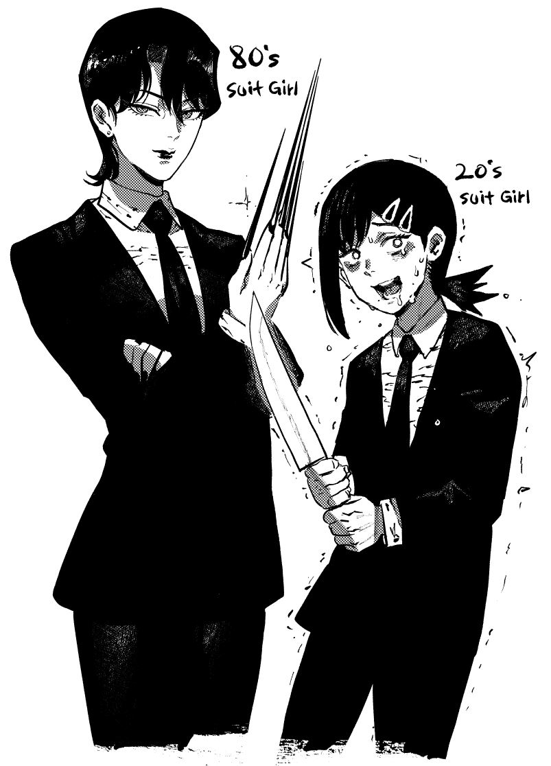 2girls, blush, chainsaw_man, character_request, check_copyright, closed_mouth, collared_shirt, copyright_request, cropped_legs, drooling, earrings, english_text, fingernails, formal_clothes, greyscale, hair_between_eyes, hair_ornament, hairclip, higashiyama_kobeni, holding, holding_knife, holding_weapon, ireading, jewelry, knife, long_fingernails, looking_at_viewer, makie_(youjuu_toshi), medium_hair, mole, mole_under_mouth, monochrome, multiple_girls, necktie, open_mouth, saliva, sharp_fingernails, shirt, short_hair, simple_background, smile, sparkle, stud_earrings, suit, sweat, teeth, tongue, trembling, very_long_fingernails, weapon, white_background, wide-eyed, youjuu_toshi