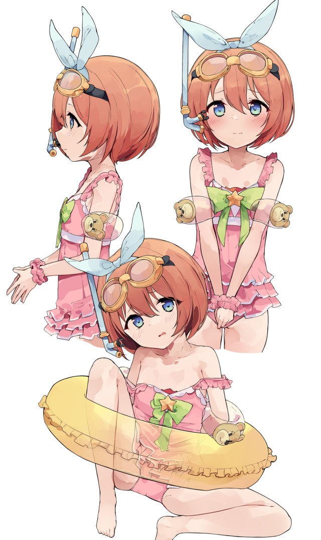 1girl, bare_shoulders, blue_eyes, blush, breasts, brown_hair, collarbone, cropped_legs, goggles, goggles_on_head, hair_between_eyes, hair_ornament, hairband, inflatable_armbands, kurumi_(princess_connect!), lifebuoy, looking_at_viewer, multiple_views, pkpkpppk, princess_connect!, scrunchie, short_hair, shoulder_strap, simple_background, small_breasts, snorkel, strap_slip, swim_ring, swimsuit, trapped, white_background, wrist_scrunchie