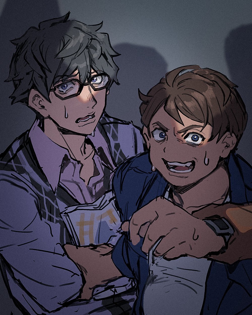 2boys, black_hair, blue_eyes, blue_jacket, brown_hair, cardigan, collared_shirt, dark-skinned_male