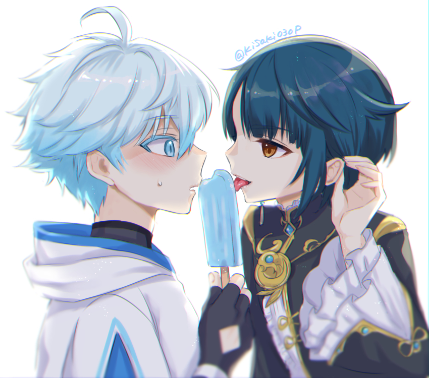 2boys, black_hair, blue_eyes, blue_hair, blush, chinese_clothes, chongyun_(genshin_impact), genshin_impact