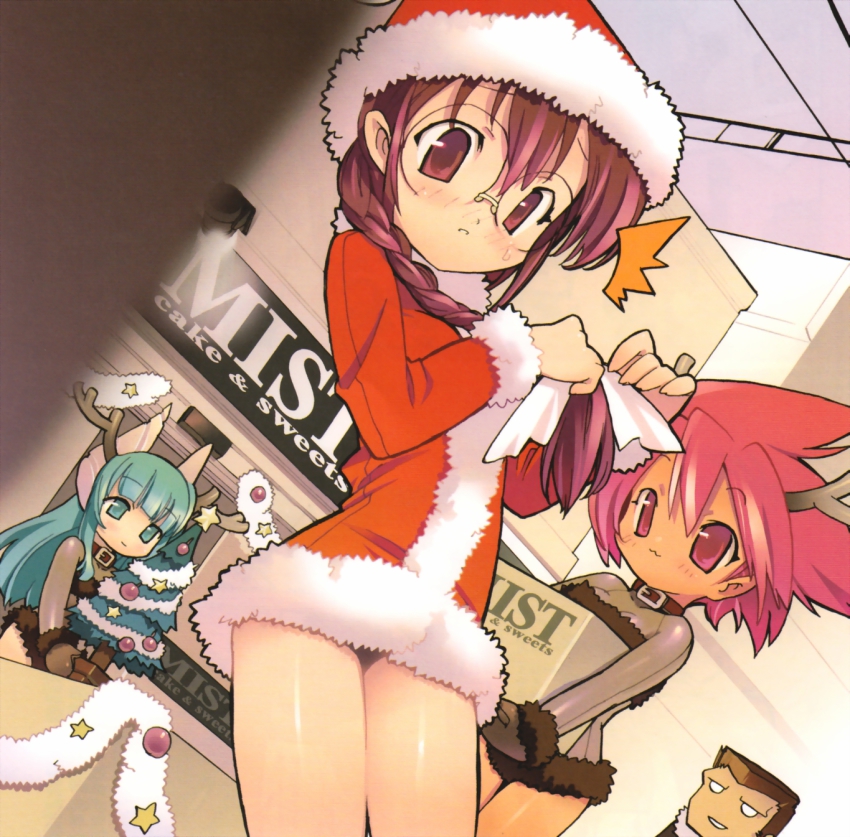 00s, 3girls, :3, animal_costume, antlers, aqua_eyes, aqua_hair, blade_(galaxist)