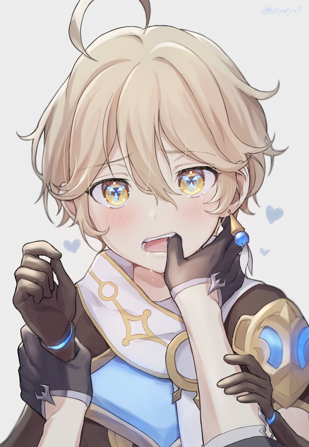 2boys, aether_(genshin_impact), blonde_hair, blush, braid, breasts, closed_eyes, earrings