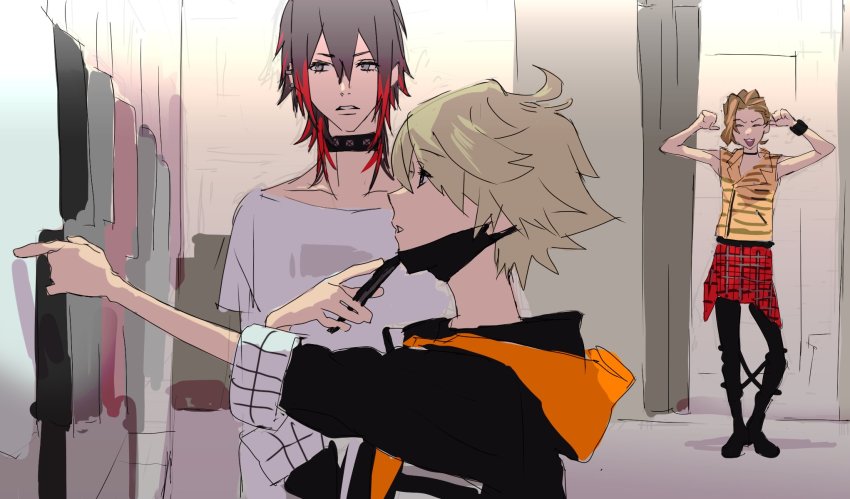 3boys, ahoge, black_coat, black_hair, black_legwear, blonde_hair, boots, brown_hair