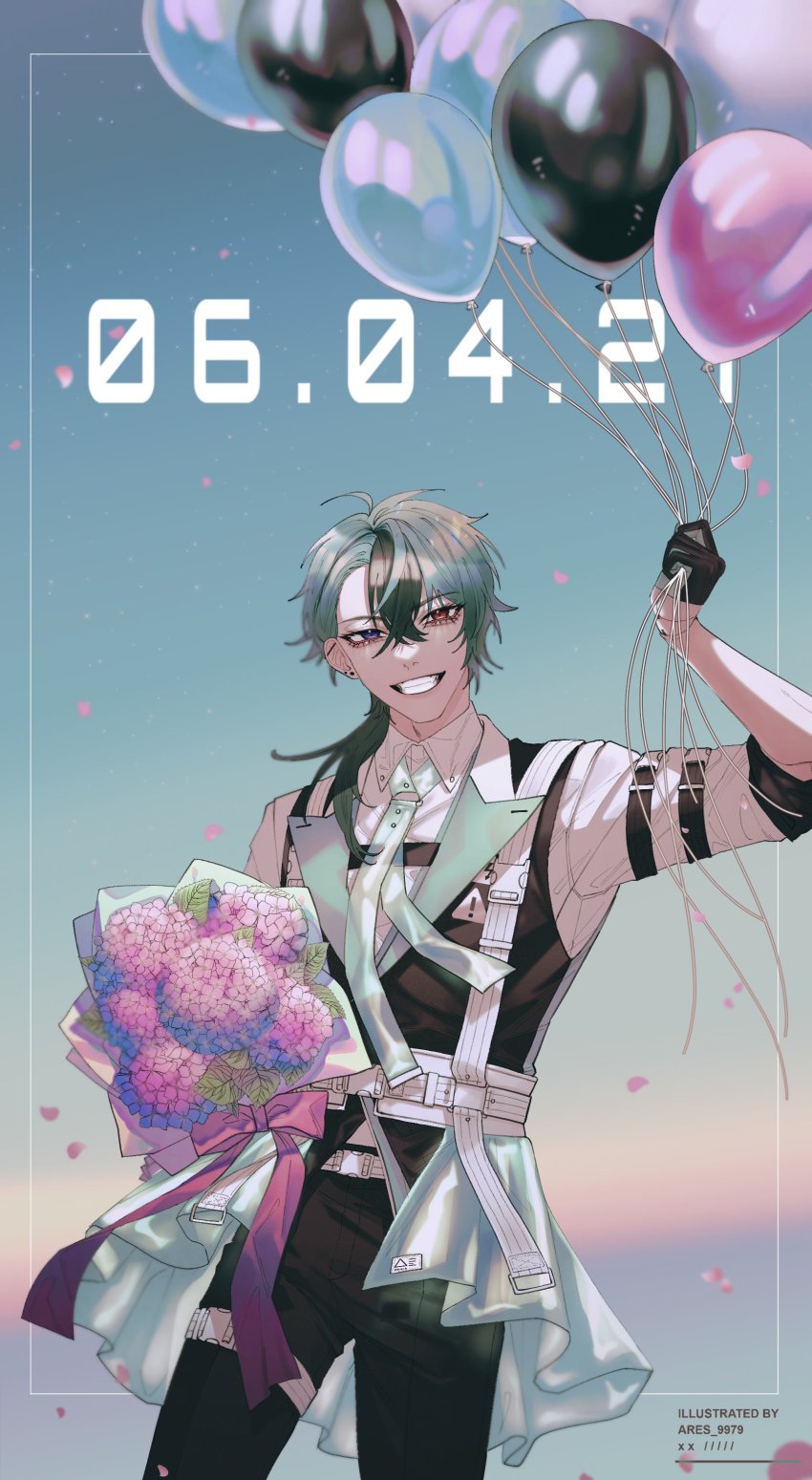 1other, absurdres, aqua_(vtuber), ares_9979, balloon, black_hair, blue_hair, bouquet