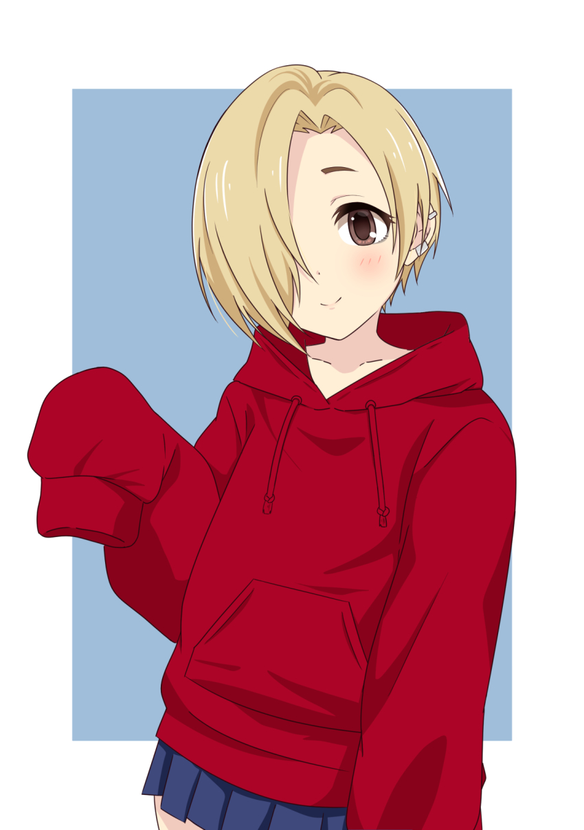 1girl, blonde_hair, blue_background, blue_skirt, blush, border, brown_eyes, closed_mouth