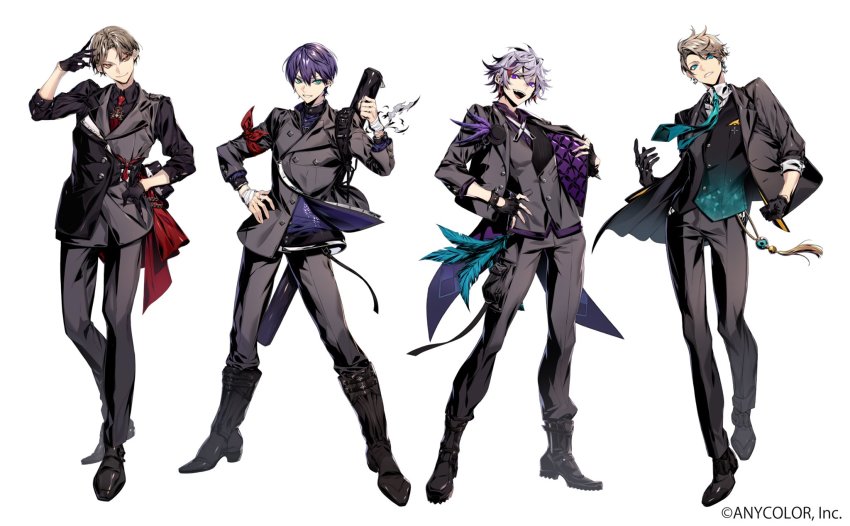 4boys, black_footwear, black_gloves, black_shirt, black_vest, blonde_hair, blue_eyes, blue_necktie, boots, brown_eyes, brown_hair, collared_shirt, formal_clothes, fuwa_minato, fuwa_minato_(3rd_costume), gloves, grey_hair, grey_jacket, hair_behind_ear, head_tilt, highres, hoe-l, jacket, kagami_hayato, kagami_hayato_(6th_costume), kaida_haru, kaida_haru_(5th_costume), kenmochi_touya, looking_to_the_side, male_focus, multiple_boys, necktie, nijisanji, official_art, parted_lips, purple_hair, purple_necktie, red_necktie, shirt, suit, vest, virtual_youtuber, white_shirt