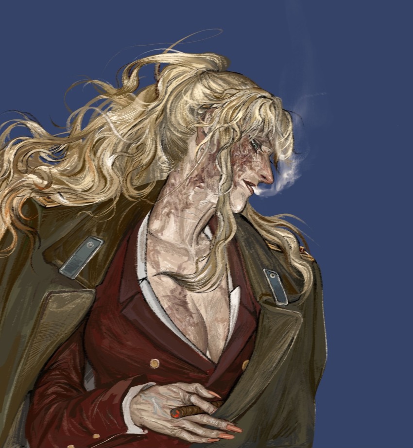1girl, atergraham, balalaika_(black_lagoon), black_lagoon, blonde_hair, blue_background, blue_eyes, breasts, burn_scar, cigar, cleavage, coat, coat_on_shoulders, epaulettes, green_coat, highres, holding, holding_cigar, jacket, military_coat, nail_polish, orange_nails, red_jacket, scar, scar_on_breasts, scar_on_face, scar_on_neck, smoking, solo