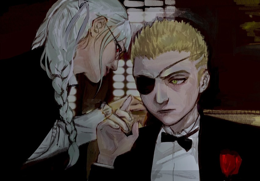 1boy, 1girl, atergraham, black_bow, black_bowtie, black_suit, blonde_hair, bow, bowtie, braid, chair, cosplay, danganronpa_(series), danganronpa_2:_goodbye_despair, eyepatch, flower, formal_clothes, glasses, green_eyes, hair_ribbon, highres, kuzuryu_fuyuhiko, pekoyama_peko, red_eyes, red_flower, ribbon, scene_reference, silver_hair, suit, the_godfather, tuxedo, vito_corleone, vito_corleone_(cosplay)