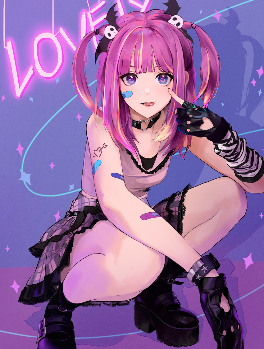 1girl, :p, absurdres, akanbe, bandaid, bandaid_on_arm, bandaid_on_face, boots