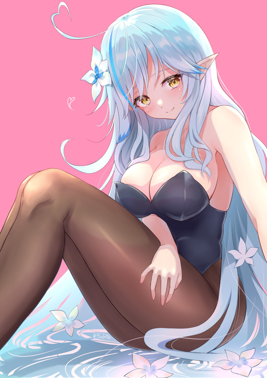 1girl, absurdres, ahoge, bare_shoulders, black_leotard, blue_hair, blush, breasts