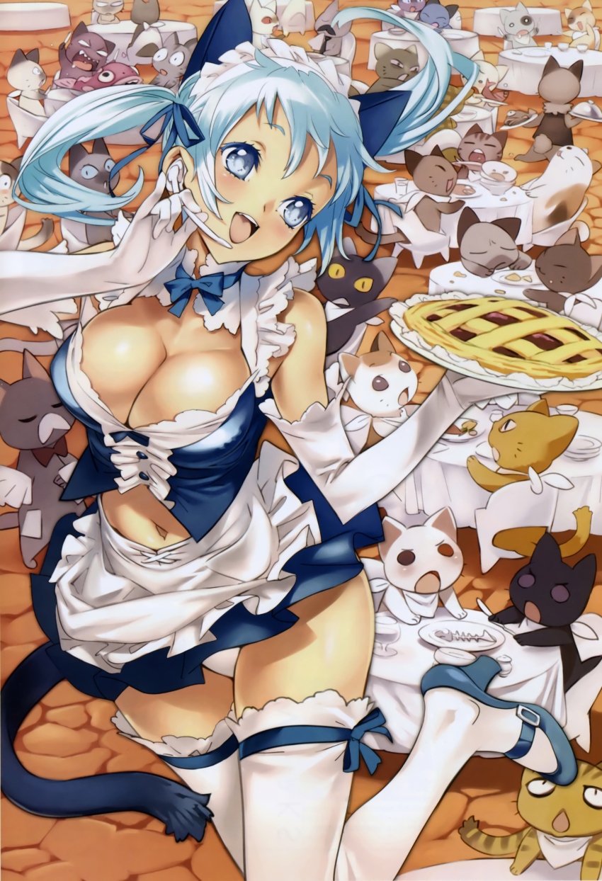 1girl, absurdres, animal, animal_ears, apron, aqua_hair, blue_eyes, breasts, cat, cat_ears, cat_tail, cleavage, elbow_gloves, female_focus, food, frills, girl's_avenue, gloves, headset, high_heels, highres, large_breasts, long_hair, mary_janes, megami_magazine, navel, nishieda, official_art, original, panties, pantyshot, pie, restaurant, ribbon, shoes, smile, solo, table, tail, thighhighs, too_many, too_many_cats, twintails, underwear, waitress, white_thighhighs