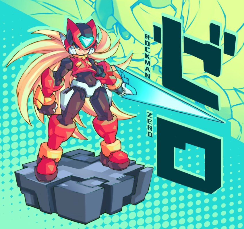 1boy, 1girl, android, blonde_hair, blue_eyes, bodysuit, boots, energy_sword, faux_figurine, full_body, gloves, helmet, highres, holding, long_hair, male_focus, mega_man_(series), mega_man_zero_(series), ponytail, solo, sword, very_long_hair, weapon, white_gloves, zero(z)_(mega_man), zero_(mega_man), zerosonicly