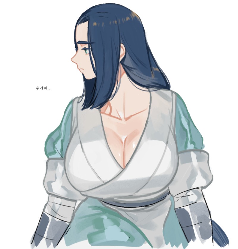 1girl, black_hair, breasts, cleavage, genderswap, genderswap_(mtf), korean_text, large_breasts