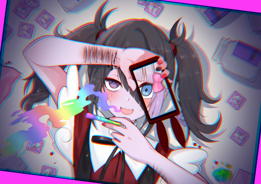 1girl, @_@, ame-chan_(needy_girl_overdose), bags_under_eyes, black_hair, black_ribbon, blood, blue_eyes, blush, bow, cellphone, chouzetsusaikawa_tenshi-chan, crying, crying_with_eyes_open, drugged, drugs, dual_persona, grey_hair, hair_bow, highres, holding, holding_phone, injury, looking_at_viewer, medicine_bottle, medium_hair, mekakuri_(otacon250), multicolored_nails, nail_polish, neck_ribbon, needy_girl_overdose, open_mouth, phone, purple_eyes, ribbon, self-harm, short_sleeves, slit_wrist, smartphone, smile, smoking, suspenders, tears, twintails, wavy_mouth