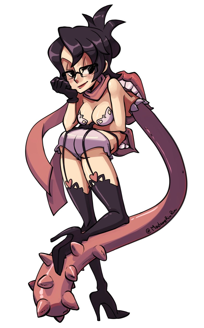 1girl, absurdres, ass, blush, bra, breasts, brown_hair, cleavage, extra_mouth, folded_ponytail, garter_belt, garter_straps, gloves, high_heels, highres, large_breasts, madamerinrin, monster, monster_girl, panties, pasties, red_lips, semi-rimless_eyewear, skullgirls, smile, solo, thighhighs, underwear, venus_(skullgirls), white_background