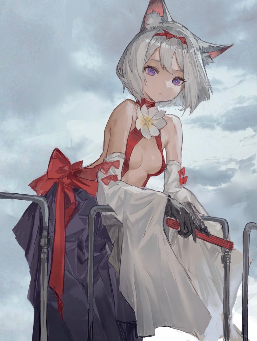 1girl, animal_ear_fluff, animal_ears, back_bow, bare_shoulders, black_gloves, black_skirt, bow