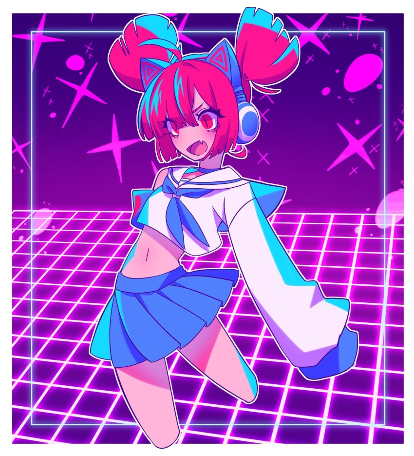1girl, animal_ears, blue_necktie, blue_skirt, breasts, buro_(muse_dash), buro_(sailor_suit)_(muse_dash), cat_ears, eyelashes, fang, grid, headphones, highres, long_sleeves, muse_dash, navel, necktie, niwatonira, open_mouth, pink_background, pink_hair, red_eyes, school_uniform, serafuku, short_hair, short_twintails, skirt, small_breasts, solo, star_(symbol), thighs, twintails, very_long_sleeves