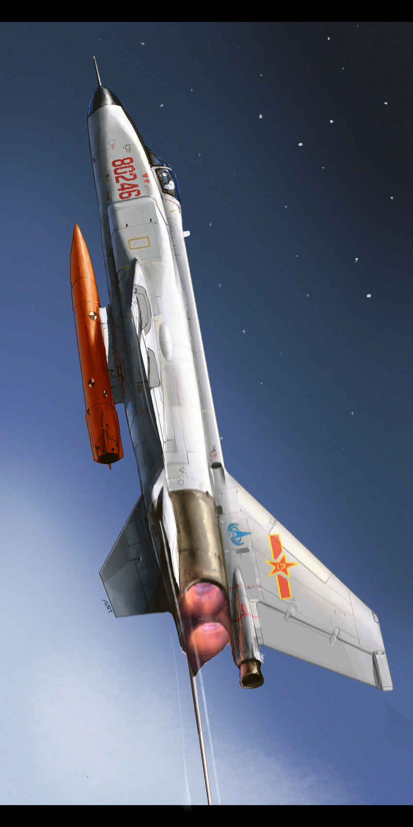 absurdres, air-to-space_missile, aircraft, airplane, anti-satellite_missile, anti-satellite_weapon, asterozoa, blue_background, cloud, commentary, earth-to-space_weapon, english_commentary, fighter_jet, gradient_background, highres, letterboxed, military_vehicle, missile, night, no_humans, original, sideways, sky, space_weapon, star_(sky), tagme, vehicle_focus