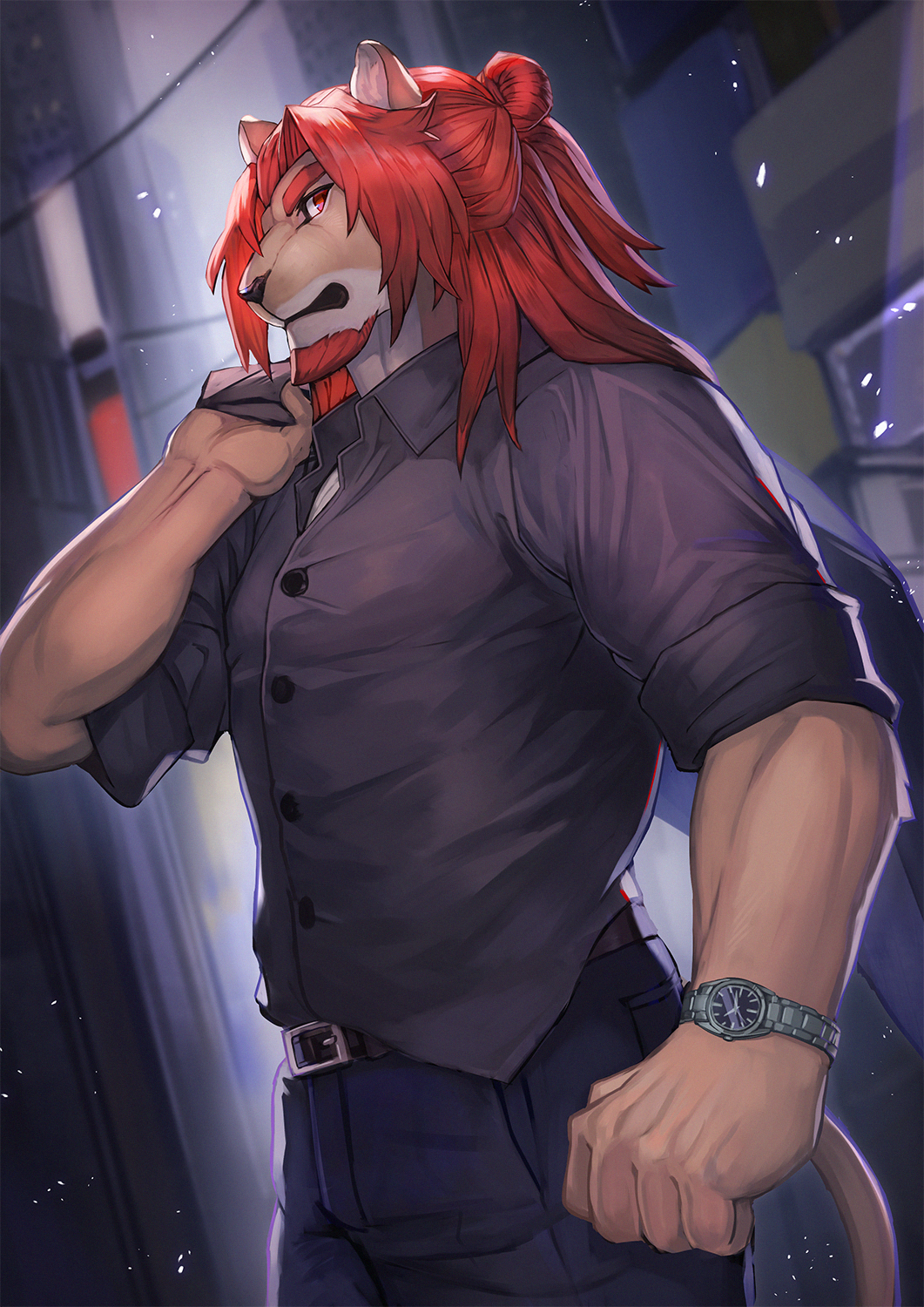 1boy, animal_ears, bara, beard, belt, blurry, blurry_background, closed_mouth