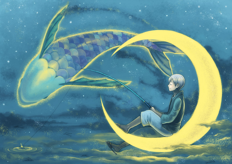 1boy, ^_^, above_clouds, closed_eyes, cloud, fish, fishing, fishing_rod