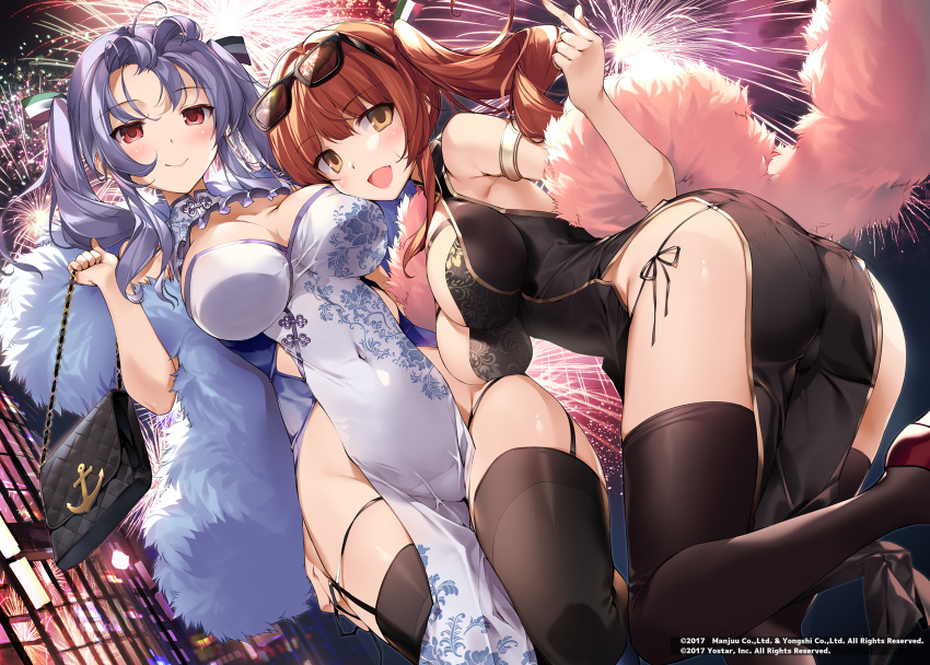 2girls, alternate_costume, ass, azur_lane, bag, black_bag, black_dress, black_legwear, blue_footwear, breasts, china_dress, chinese_clothes, chinese_new_year, cleavage, cleavage_cutout, clothing_cutout, commentary_request, cosplay, costume_switch, dress, eyewear_on_head, feather_boa, fireworks, floral_print, from_below, gold_trim, handbag, highres, holding, holding_bag, italian_flag, karory, large_breasts, leg_up, long_hair, looking_at_viewer, looking_down, multiple_girls, no_panties, official_art, open_mouth, outdoors, panties, pelvic_curtain, pola_(azur_lane), purple_hair, red_eyes, red_footwear, red_hair, shoes, side-tie_panties, side_slit, sleeveless, sleeveless_dress, standing, swap, thighhighs, twintails, underwear, yellow_eyes, zara_(azur_lane)