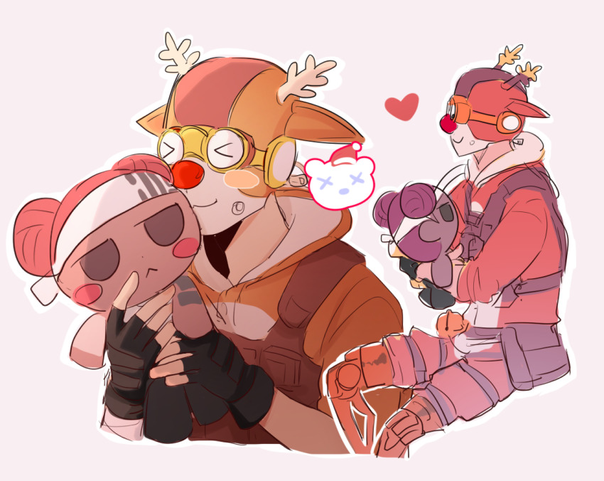 >_<, 1boy, animal_costume, animal_ear_headwear, antlers, apex_legends, black_gloves, blush