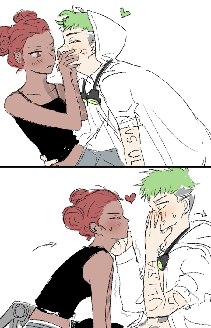 1boy, 1girl, animification, apex_legends, arm_tattoo, arrow_(symbol), black_camisole, blush, camisole, closed_eyes, collarbone, dark-skinned_female, dark_skin, embarrassed, goggles, goggles_around_neck, grey_pants, hand_on_another's_face, hand_on_another's_waist, heart, hetero, hood, hoodie, lifeline_(apex_legends), octane_(apex_legends), omizzas2, pants, tattoo, white_hoodie