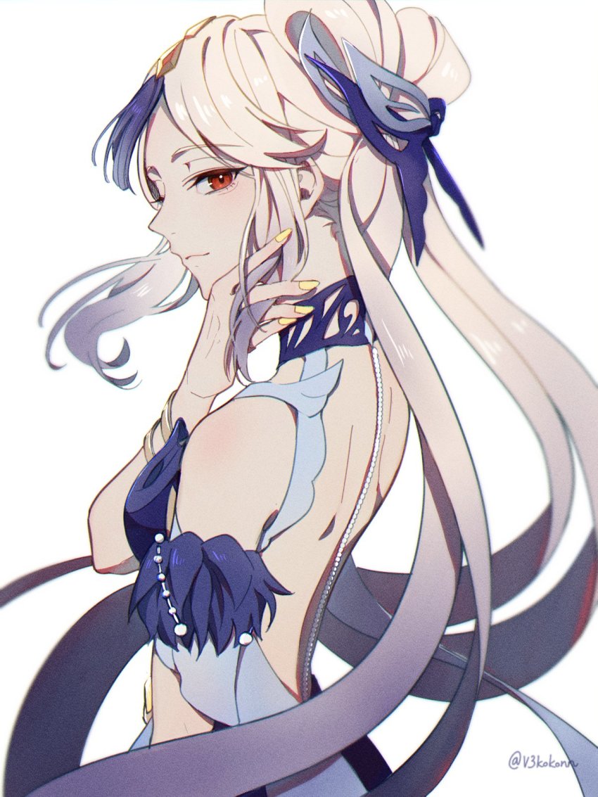 1girl, back, bare_shoulders, blue_collar, blue_dress, bracelet, brown_eyes, closed_mouth