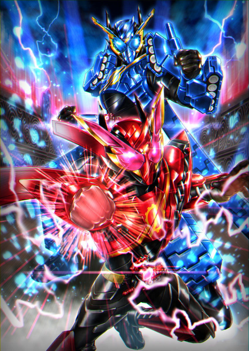armor, blue_armor, blue_eyes, build_driver, rider_belt, dual_persona, electricity, flying